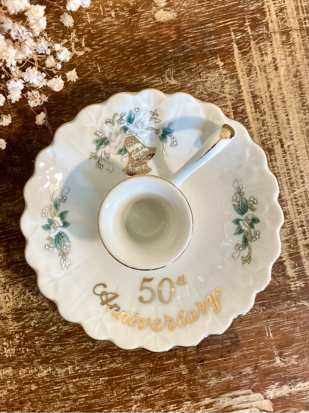 Vintage Lefton 50th Anniversary White and Gold Candleholder